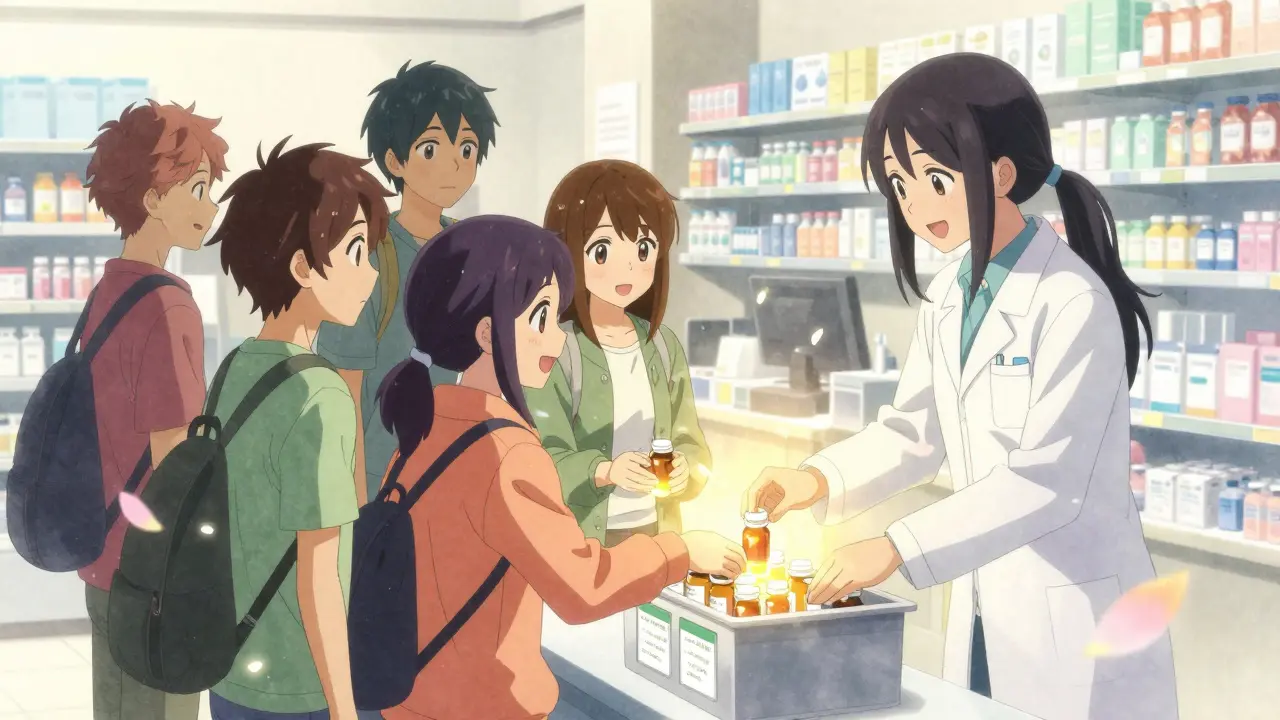 People dropping off medications at a community pharmacy collection bin, with glowing light and floating petals.