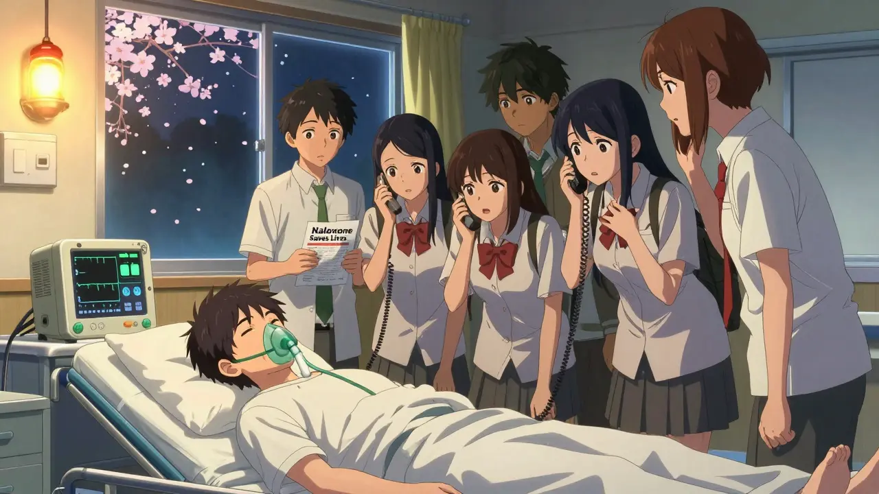 Teens gather around a hospital patient with monitors beeping, holding a lifesaving pamphlet.