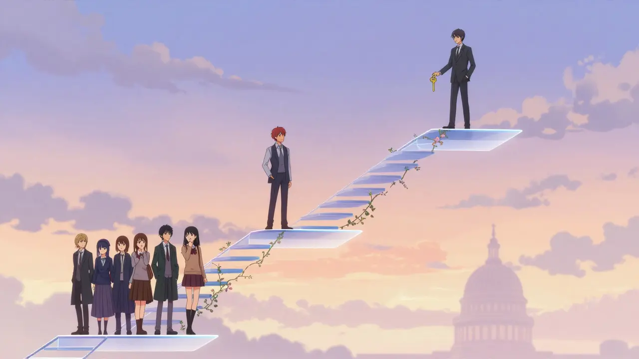 Three floating platforms represent tiered approval levels with diverse characters.