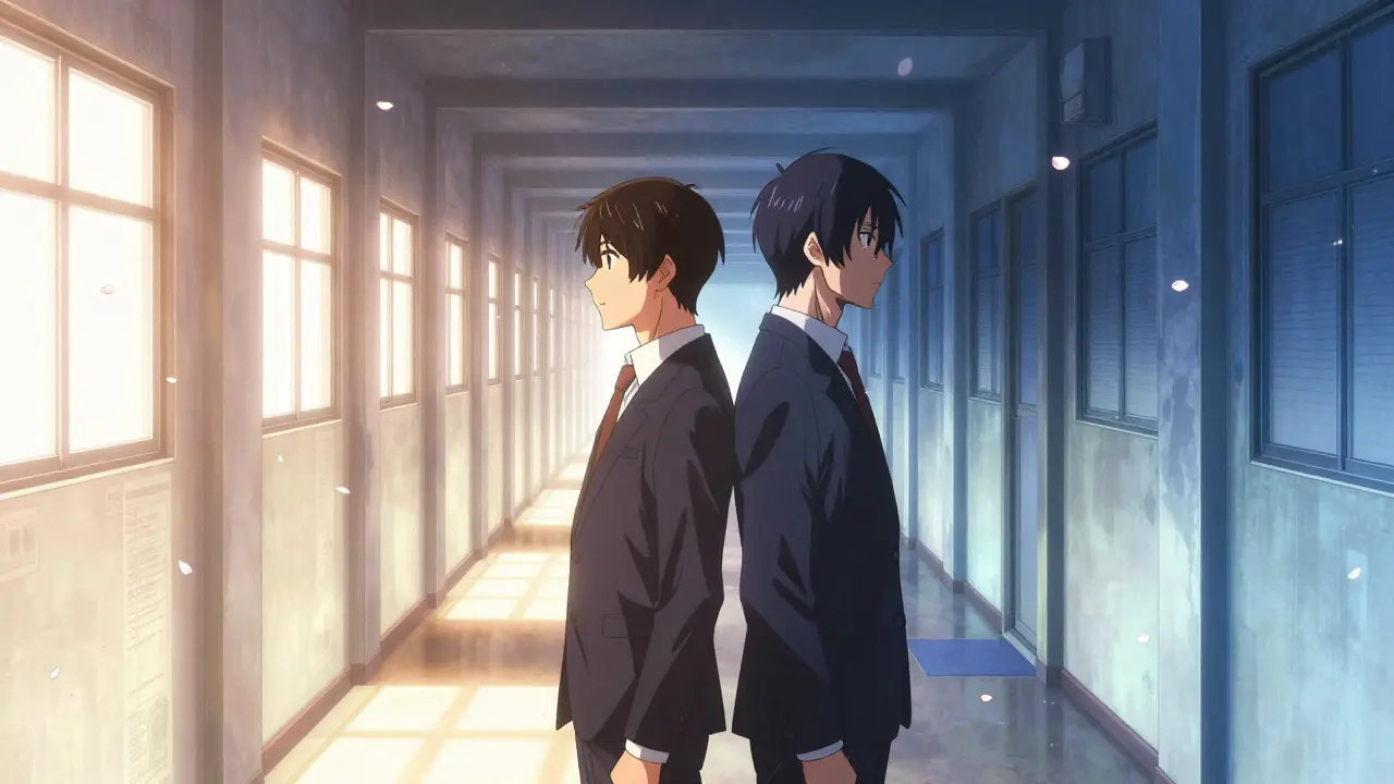 Two figures face opposite ways in a corridor of rules under cherry blossoms.