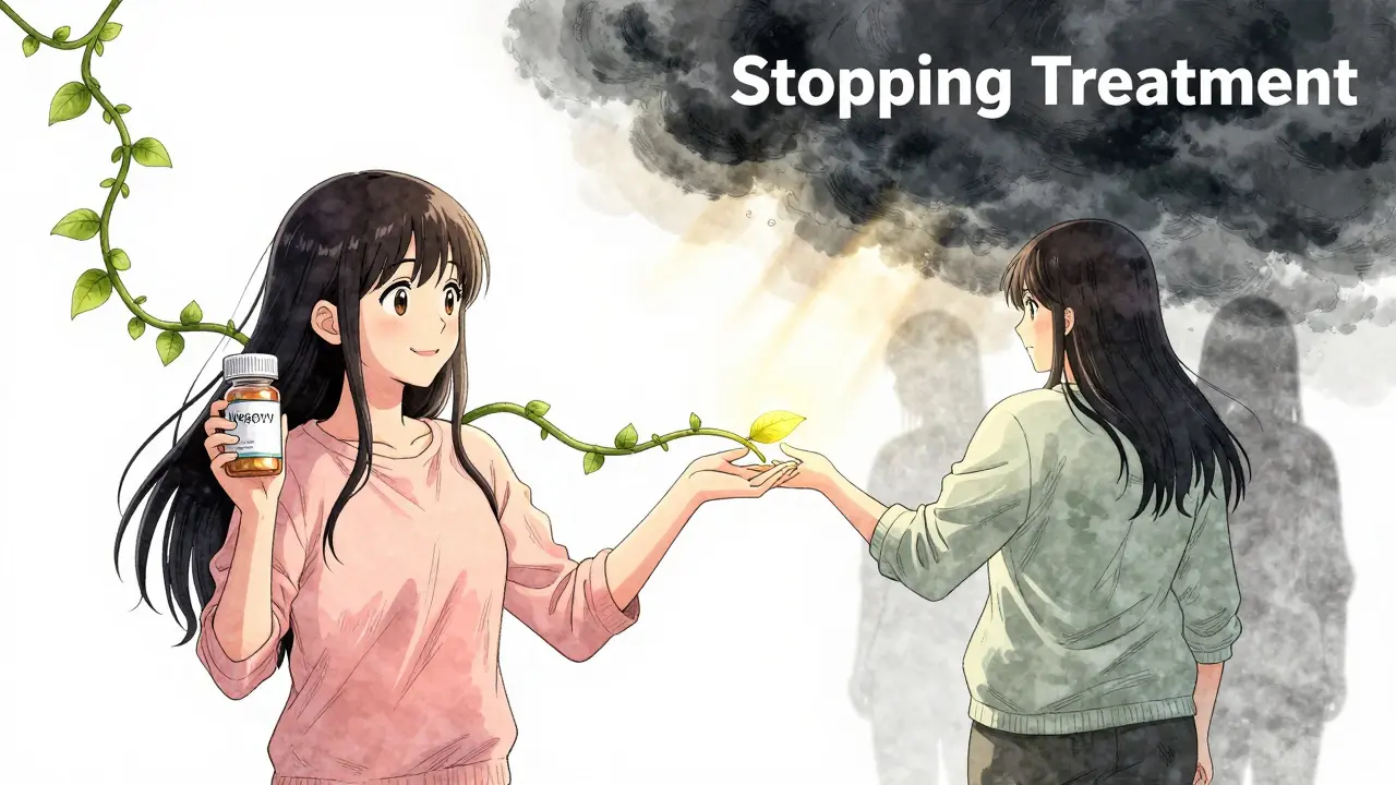 Two paths show weight loss progress versus regain, with a single glowing leaf bridging the divide.