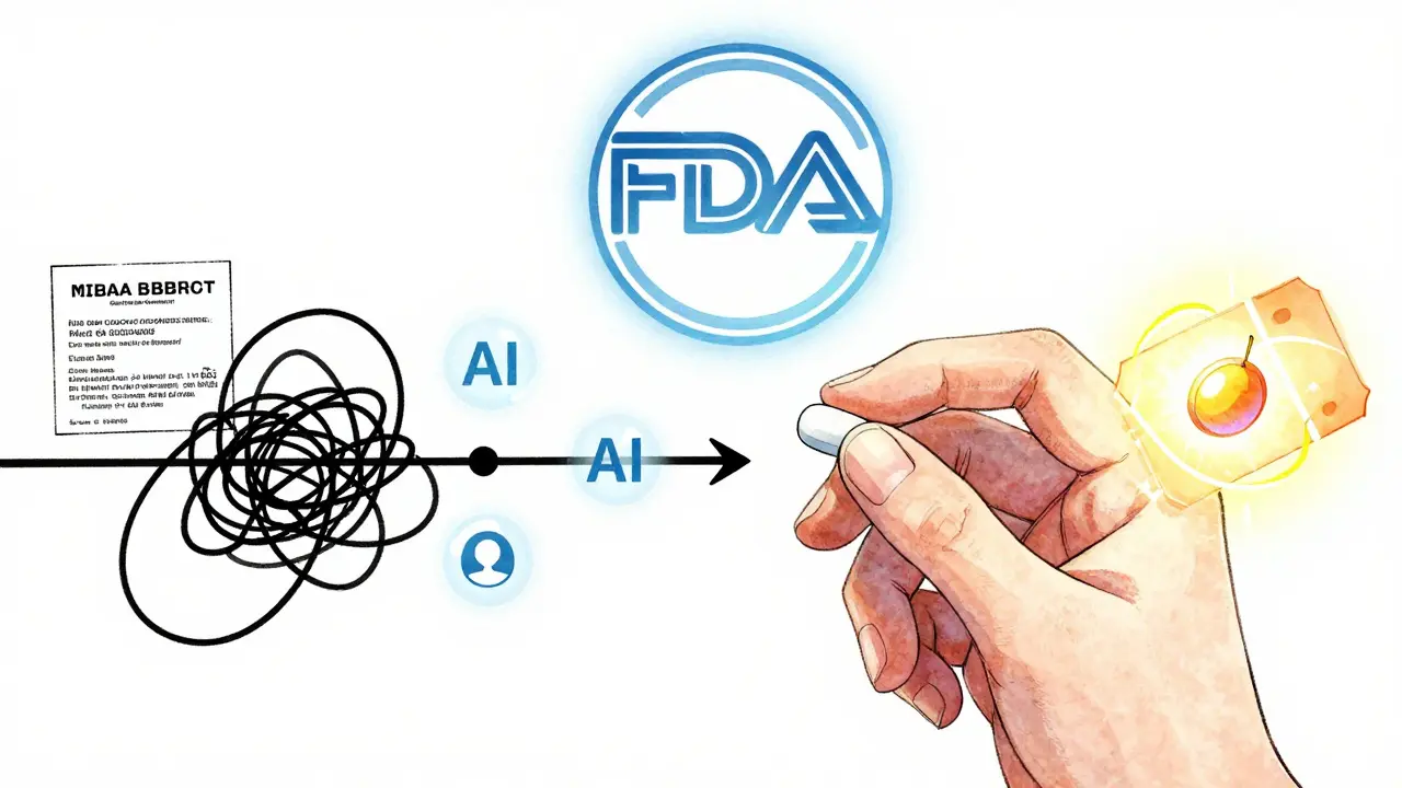 Two pills side by side with a timeline showing slow and fast approval paths, surrounded by FDA and AI symbols.