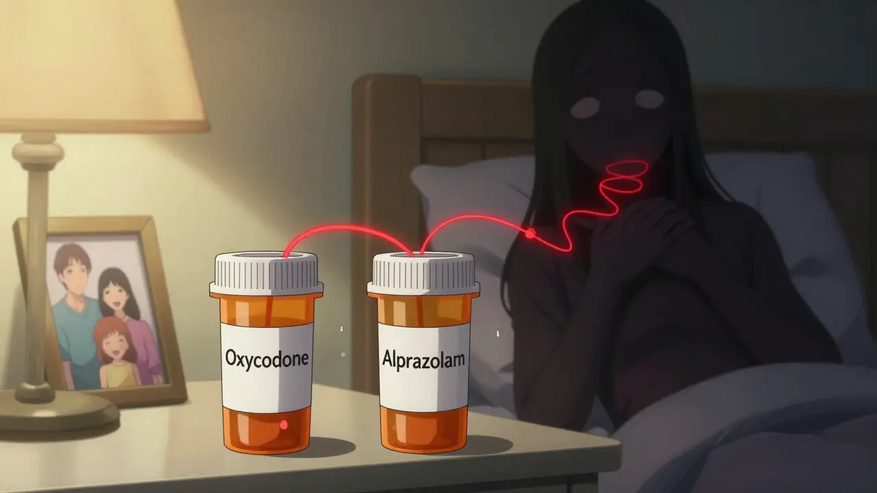 Two prescription bottles connected by glowing red threads forming a shadowy figure choking on its own breath.