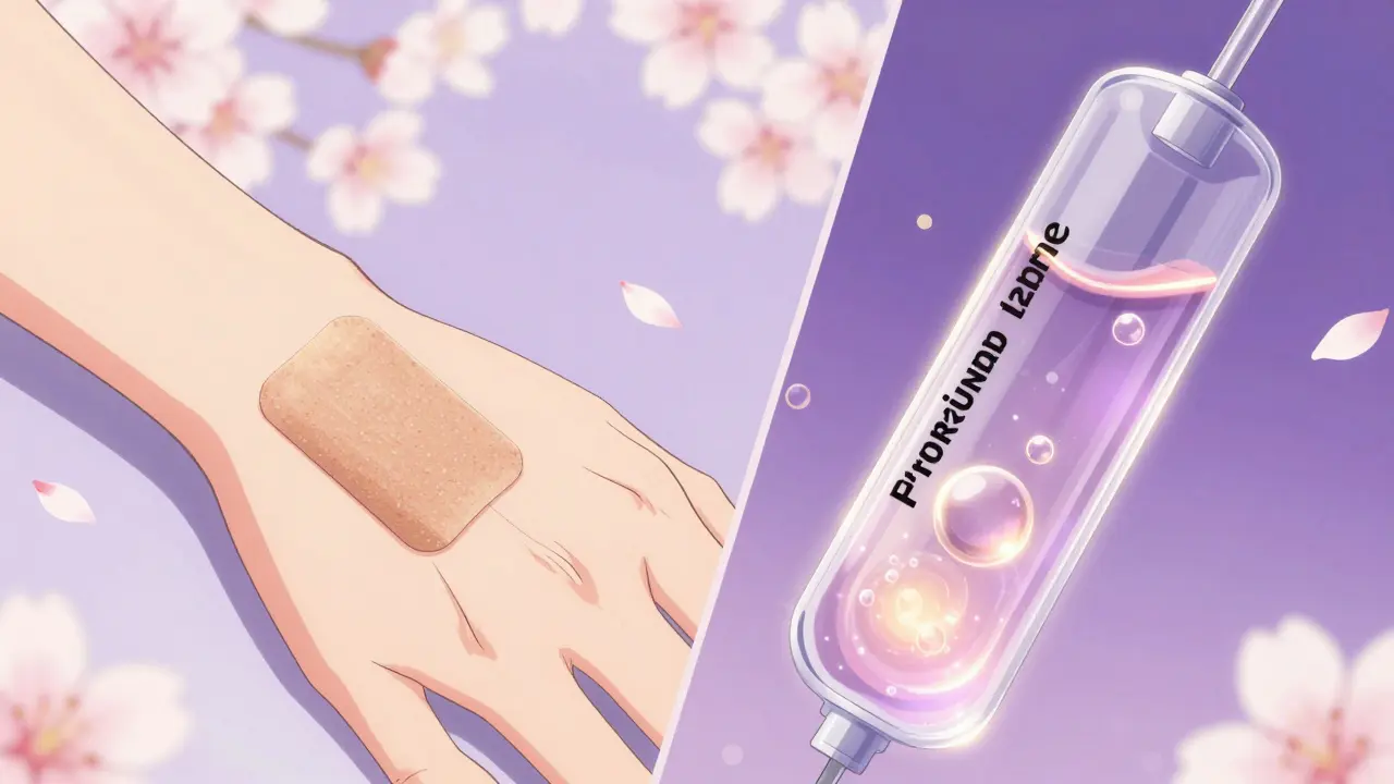 Detailed shoujo manga art of a skin patch and a Franz diffusion cell measurement.