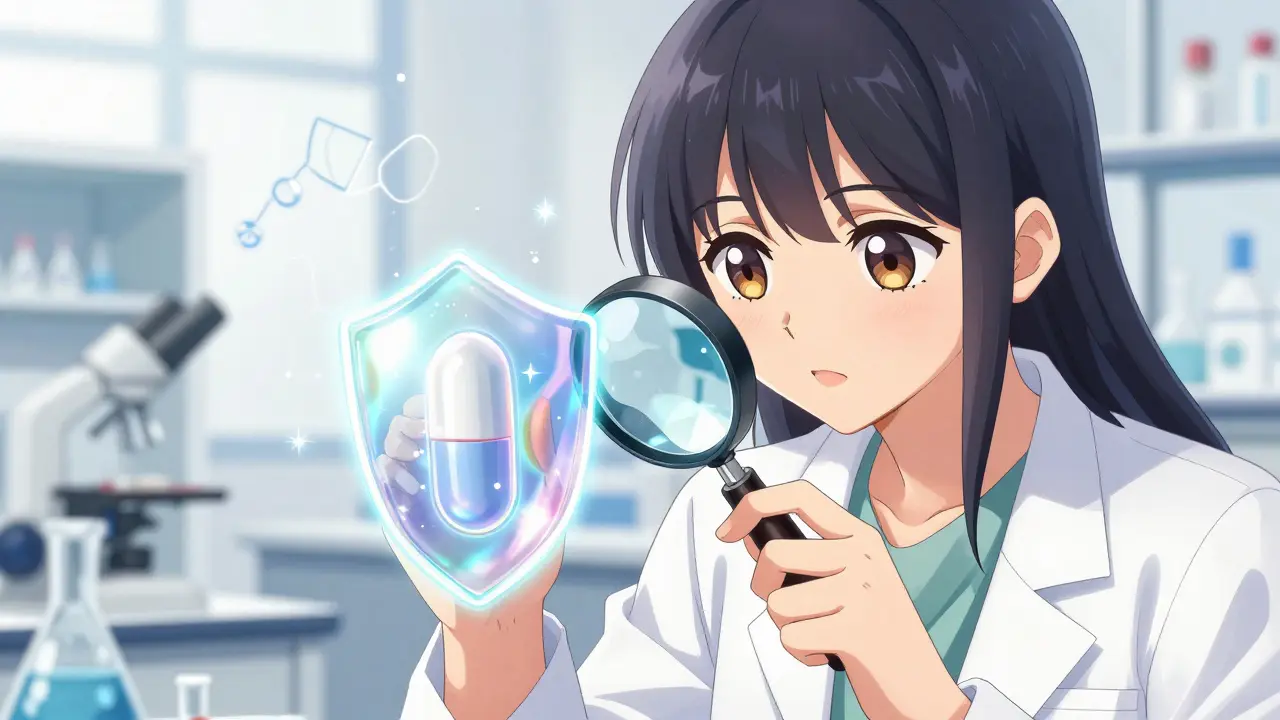 Manga art of a scientist examining a pill with a glowing protective coating