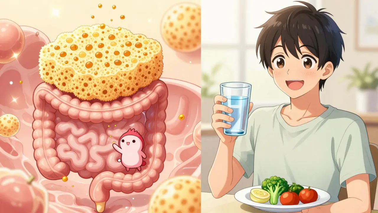 Manga illustration showing potassium binders acting as sponges and a healthy patient.