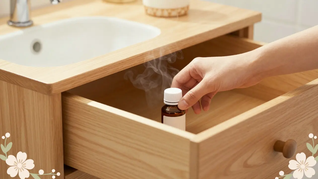 Manga scene of a medicine bottle being stored safely in a bedroom dresser