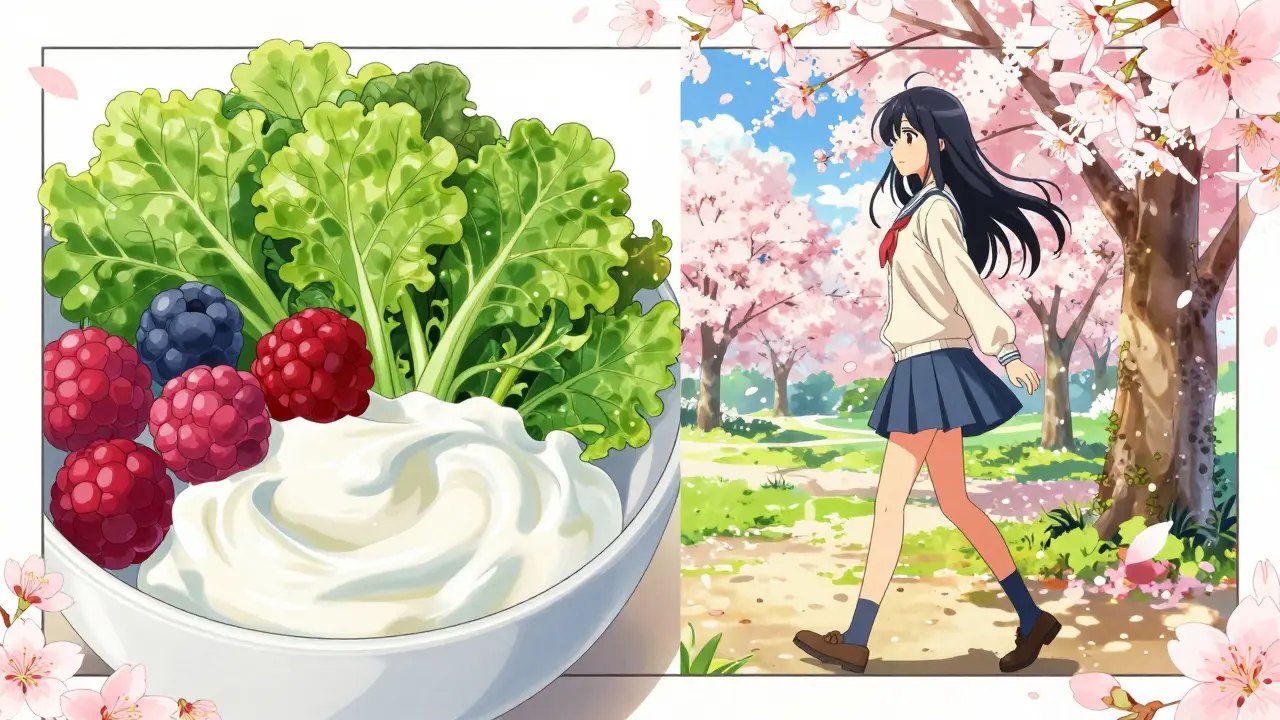 Manga split-screen showing a healthy DASH diet meal and a person walking in a cherry blossom park.