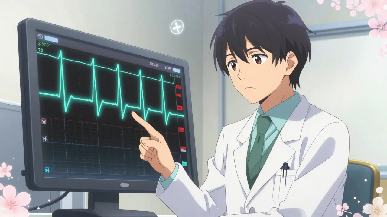 Manga style doctor reviewing an ECG screen showing peaked T-waves.
