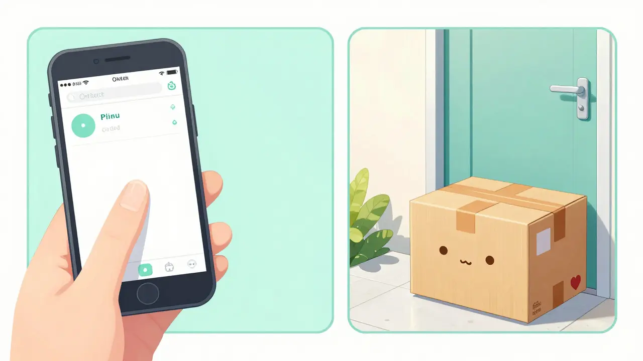 Manga style panels showing a smartphone app and a medication delivery package.