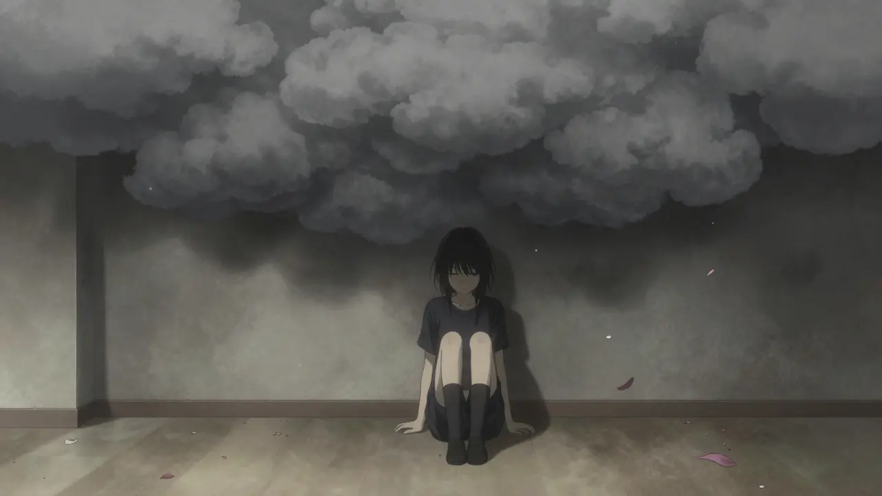 Shoujo manga art of a person isolated under a heavy grey cloud of depression.