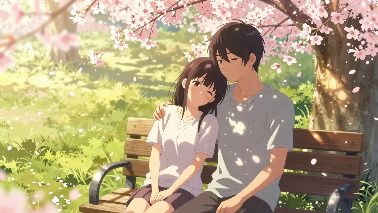 Shoujo manga art of two people providing emotional support in a sunny park.