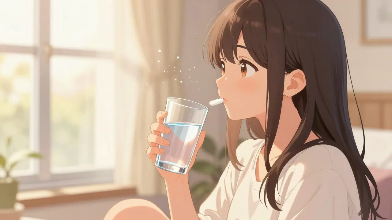Shoujo manga illustration of a woman taking her medication with a glass of water.