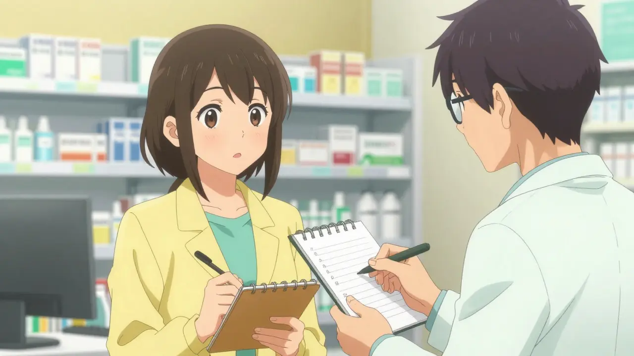 Shoujo manga scene of a character consulting with a friendly pharmacist about their health log.
