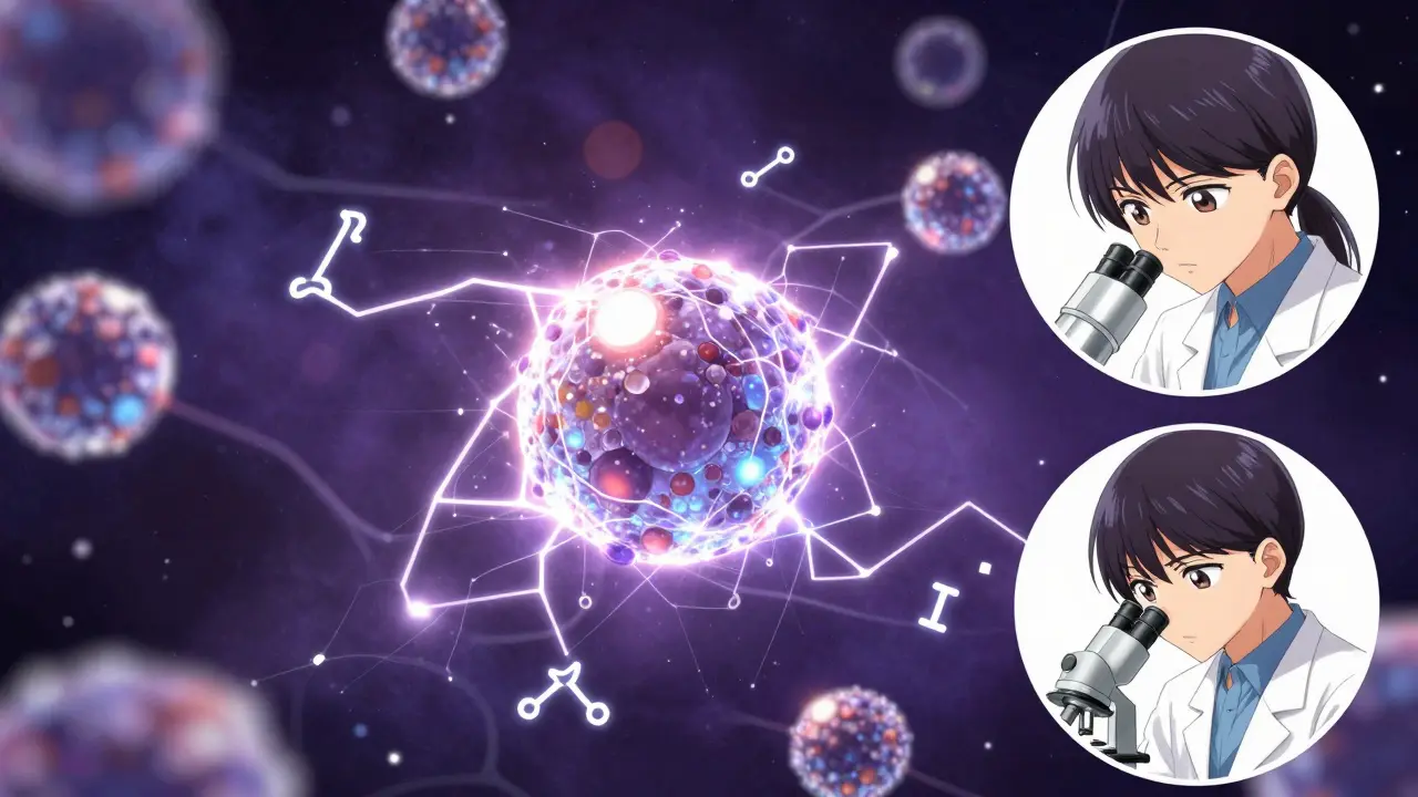 Stylized glowing nanoparticle with electrical aura in a cosmic shoujo manga setting.