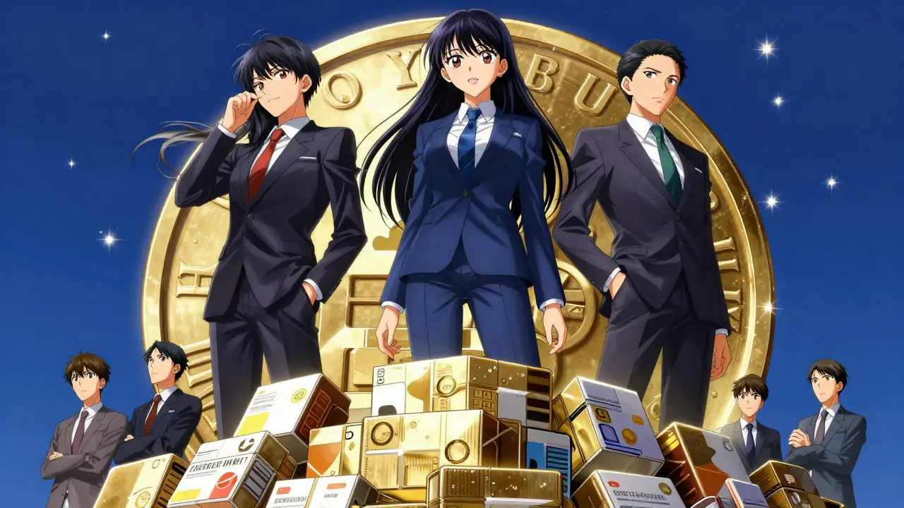 Three powerful business figures in shoujo manga style overlooking a mountain of medicine boxes.