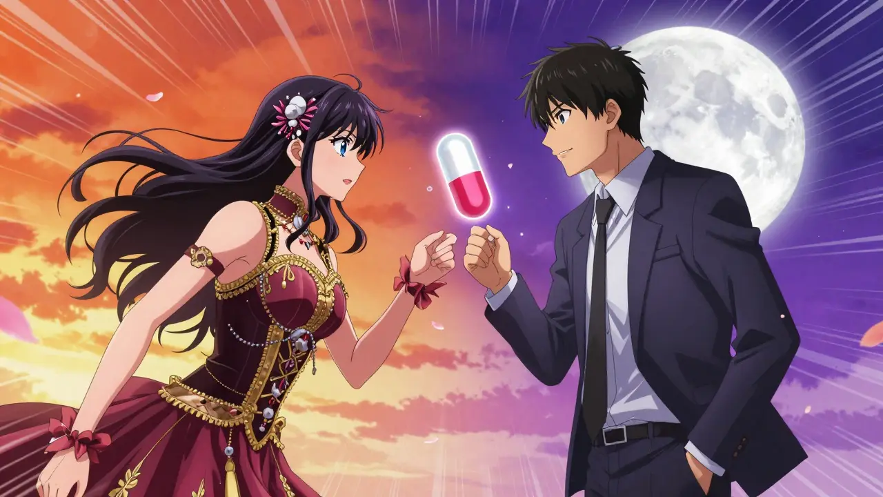 Two manga characters in a dramatic standoff over a glowing generic medicine pill.